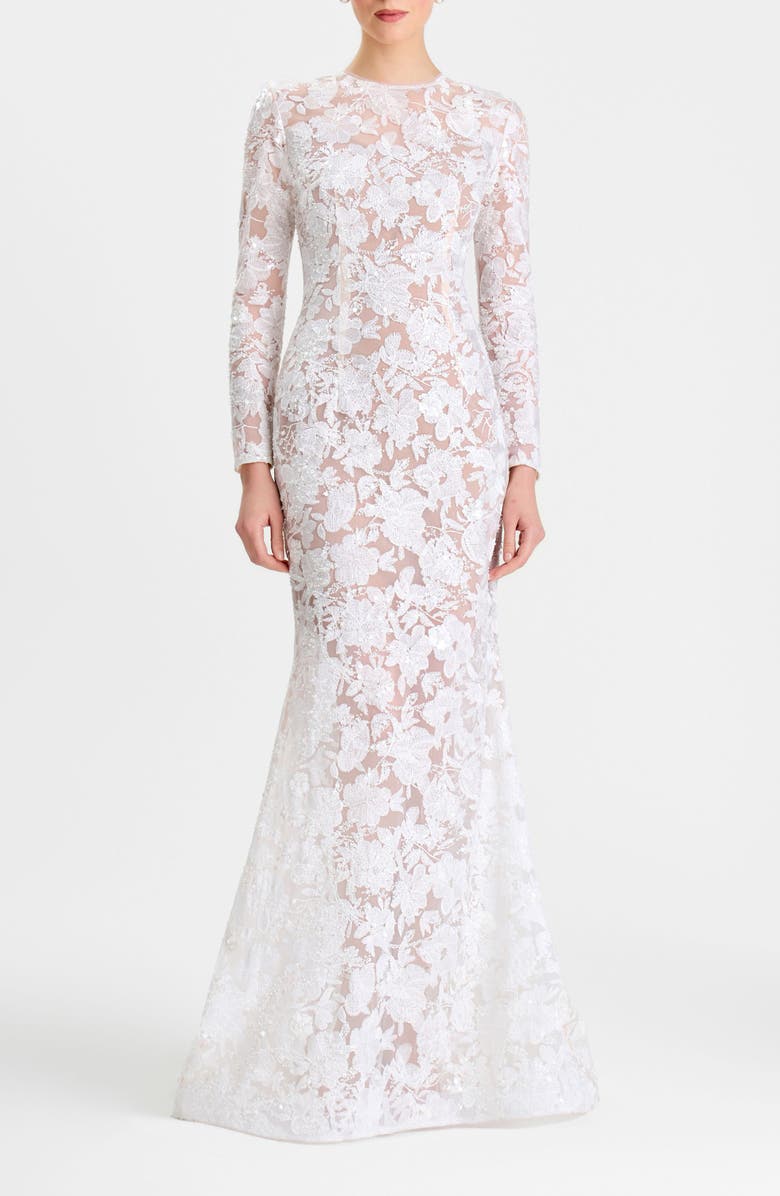 NADINE MERABI Sasha Embroidered Sequin Sheer Mesh Gown, Main, color, White