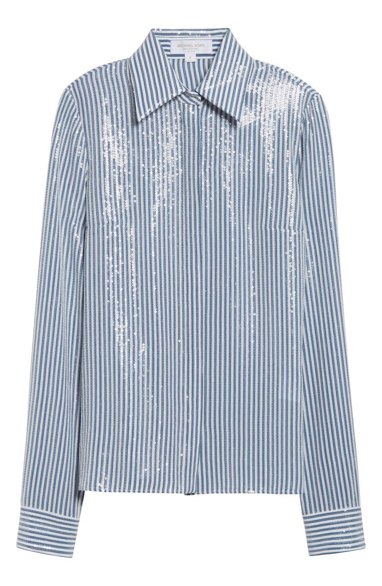 Michael Kors Collection Hansen Sequin Embellished Stripe Silk Button-Up Shirt, Alternate, color, Steel/ Optic White