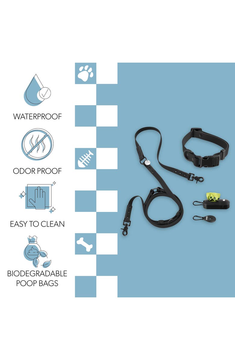 The Licker Store Luna Adjustable 6-in-1 Waterproof Hands-Free Leash and Collar with LED Flashlight, Bag Dispenser, and Poop Bag Holder, Alternate, color, Black