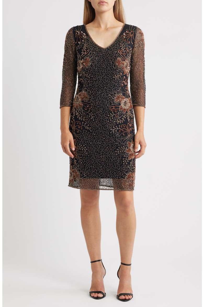 Beaded V-Neck Cocktail Dress, Main, color, BLACK/ COPPER