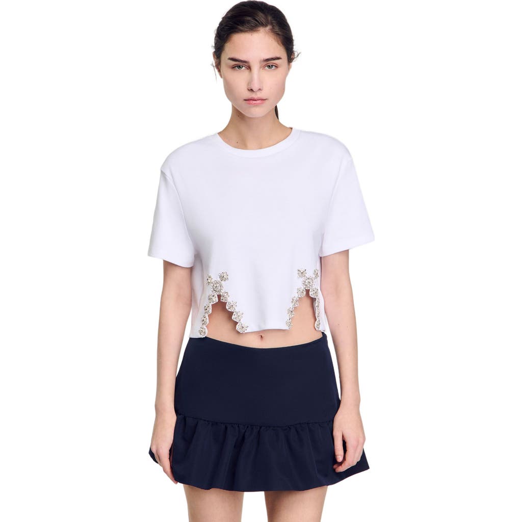 Sandro Womens Naturels Crystal-embellished Cut-out Cotton-blend T-shirt In White