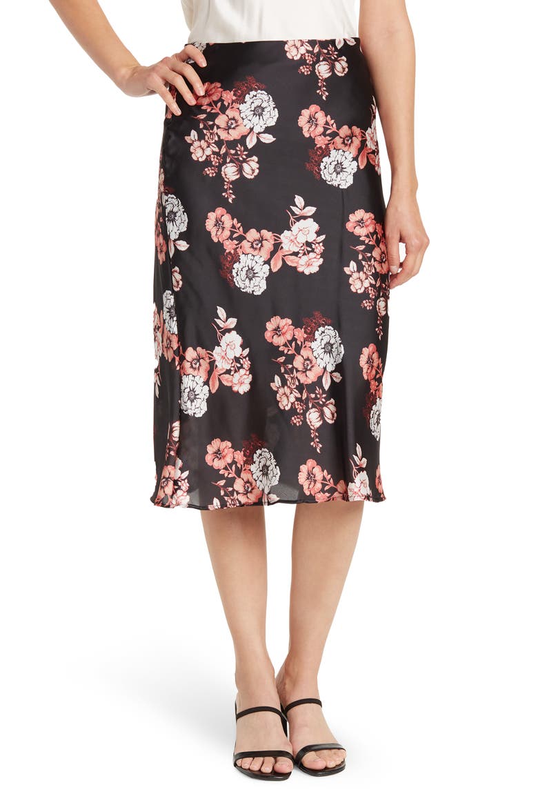 Printed Pull-On Satin Midi Skirt, Main, color, BLACK FLORAL