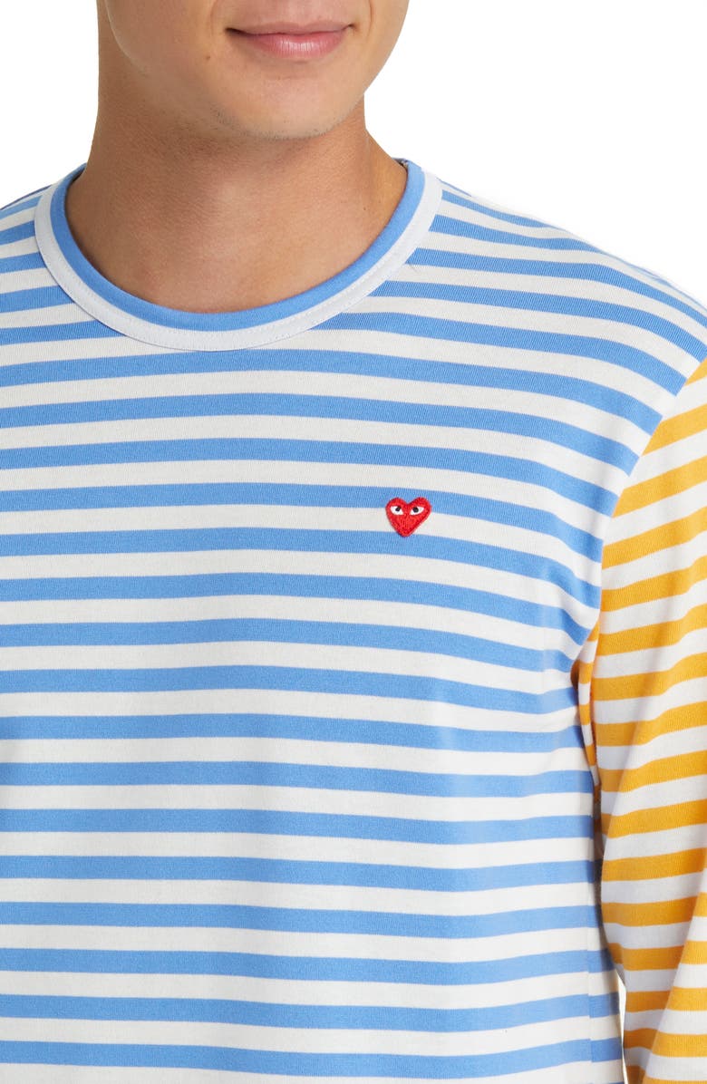 Comme des Garçons PLAY Small Heart Stripe Colorblock Long Sleeve T-Shirt, Alternate, color, Blue/ Yellow
