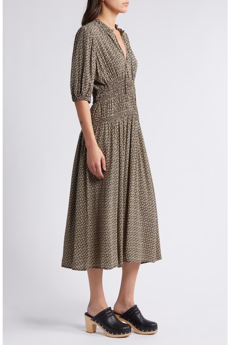 Puff Sleeve Drop Waist Midi Dress, Alternate, color, BLACK- BEIGE FLORAL