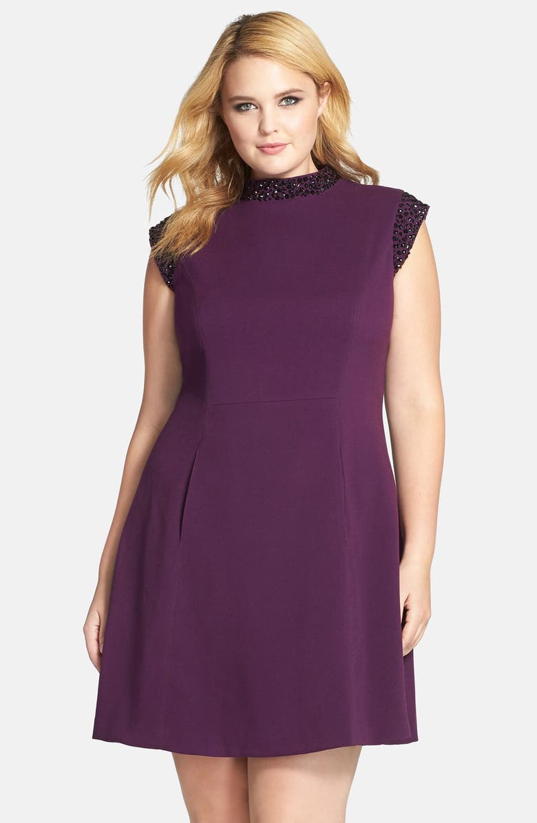 Vince Camuto Embellished Crepe Fit & Flare Dress, Main, color, 