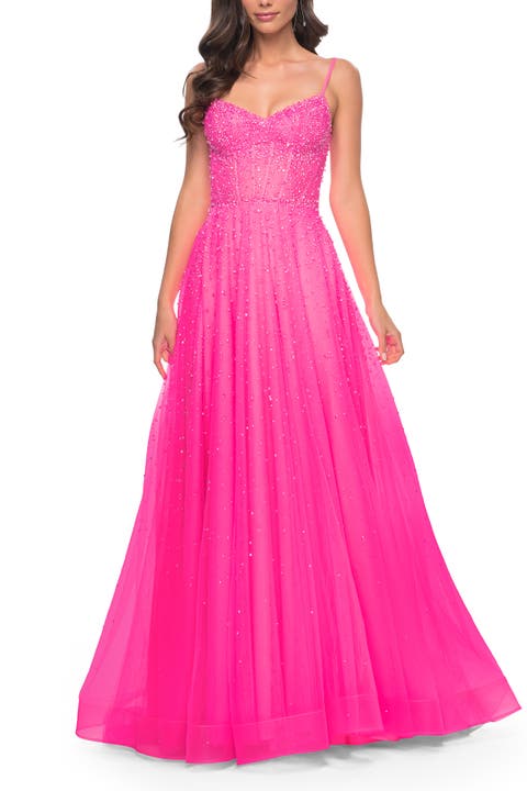 Rhinestone A-Line Tulle Prom Dress with Illusion Bodice
