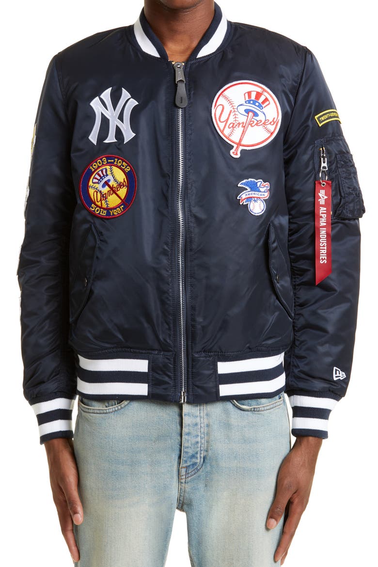 Baseball Patch Bomber Jacket, Main, color, BLUE