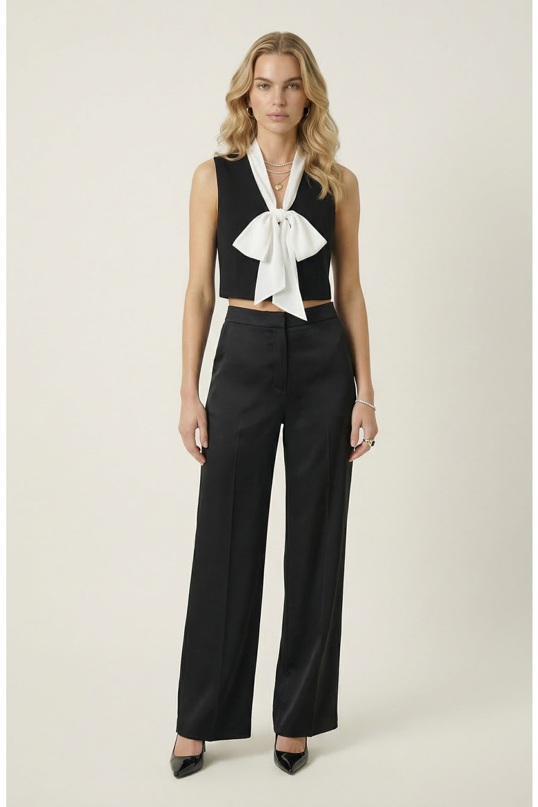 Cropped Sleeveless Top with Bow Tie Neck Detail, Alternate, color, Black / White