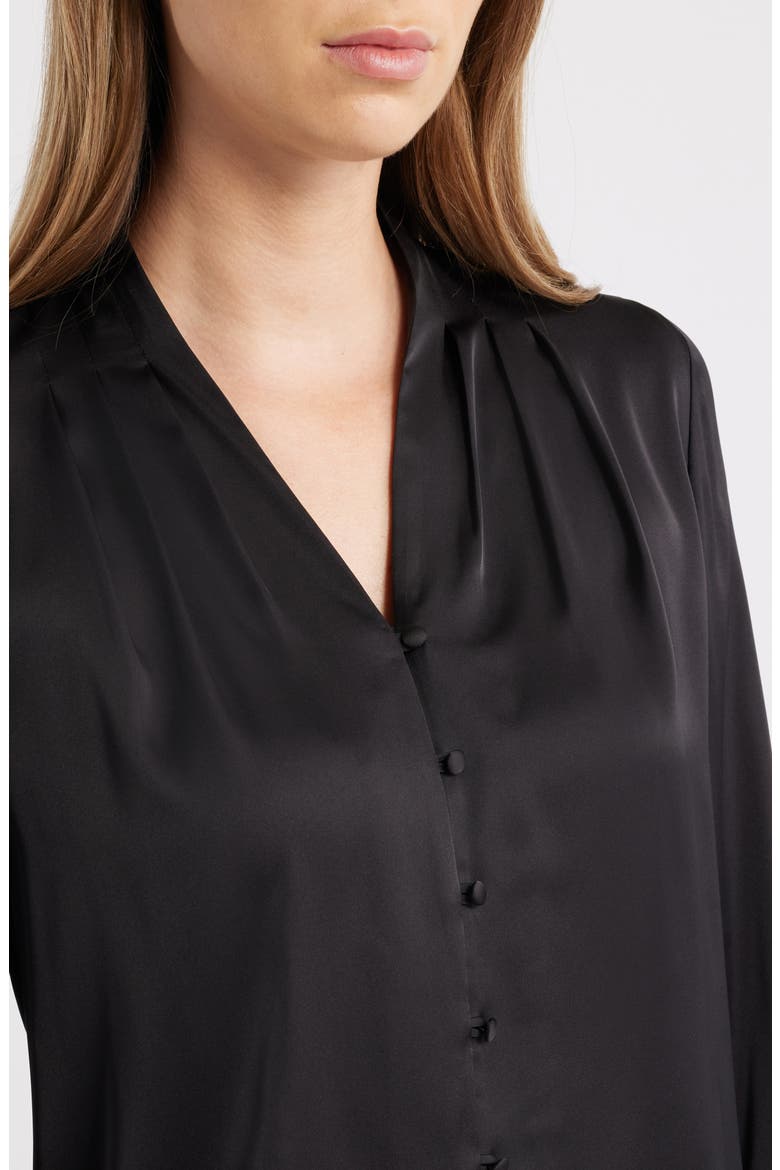 Pleat Front V-Neck Button-Up Shirt, Alternate, color, ASPHALT