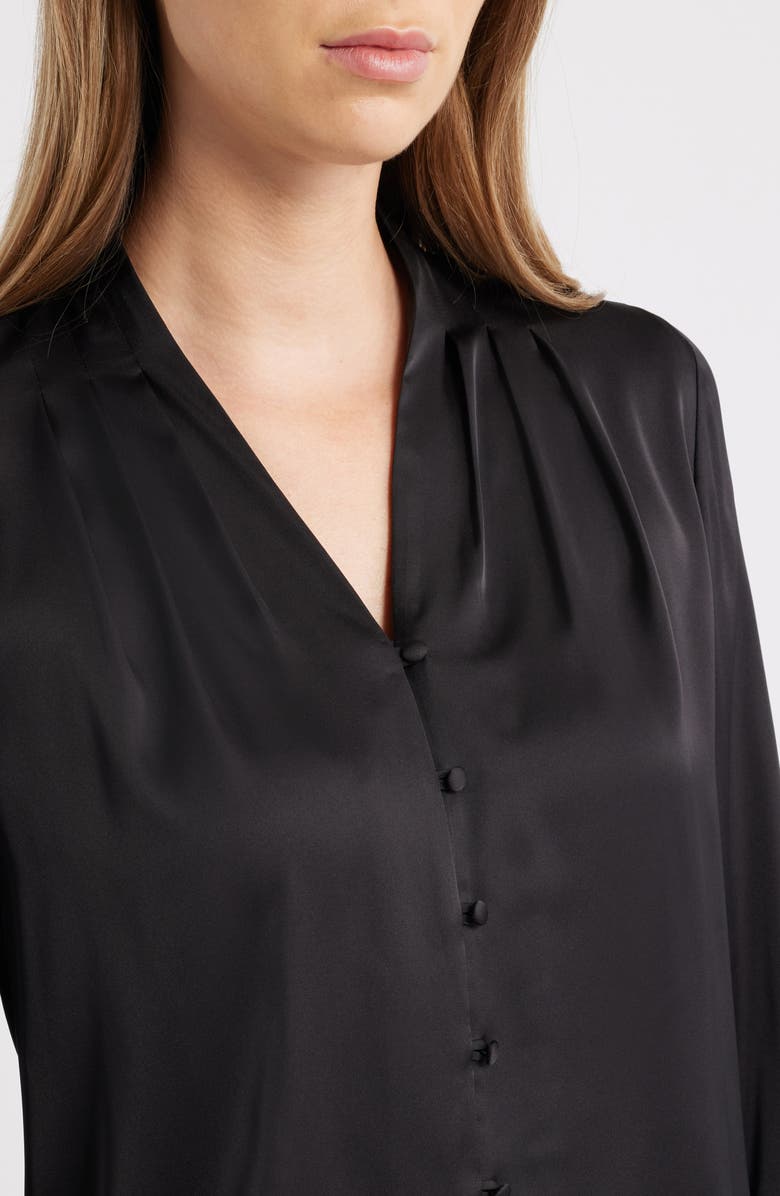 Anne Klein Pleat Front V-Neck Button-Up Shirt, Alternate, color, Asphalt