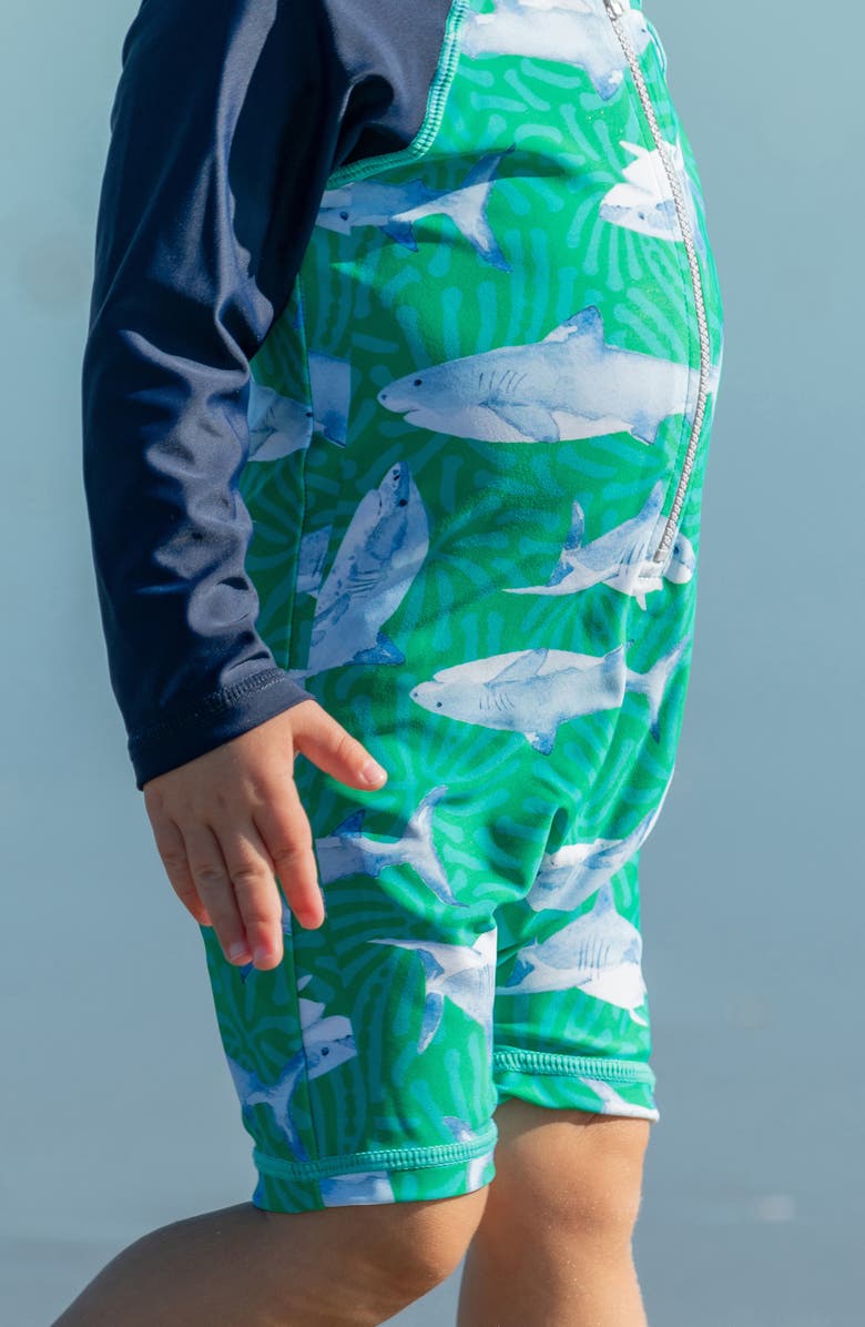 Snapper Rock Reef Shark Long Sleeve One-Piece Rashguard Swimsuit, Alternate, color, Green