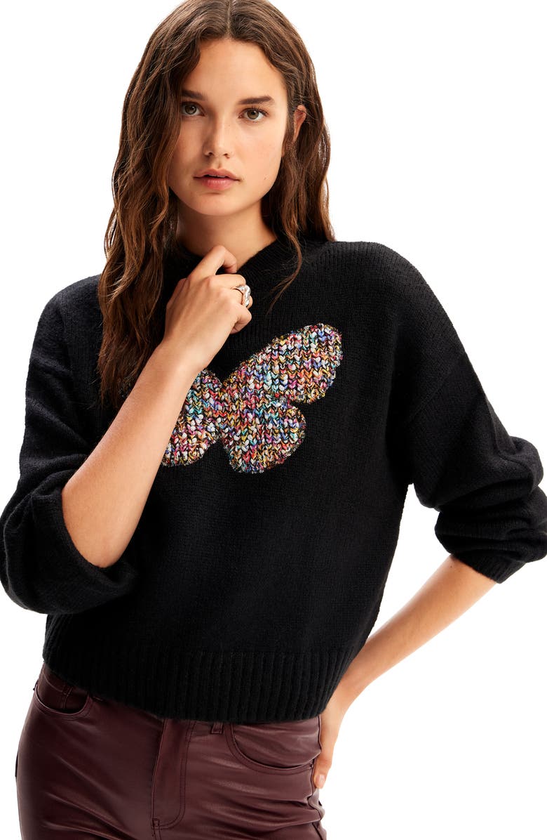 Desigual Chunky Knit Butterfly Pullover, Alternate, color, Black
