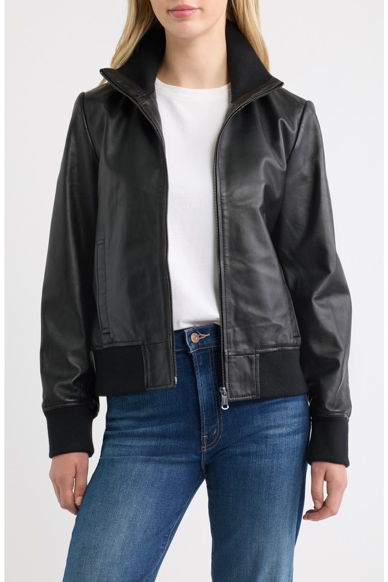 Knit Collar Leather Jacket, Main, color, BLACK