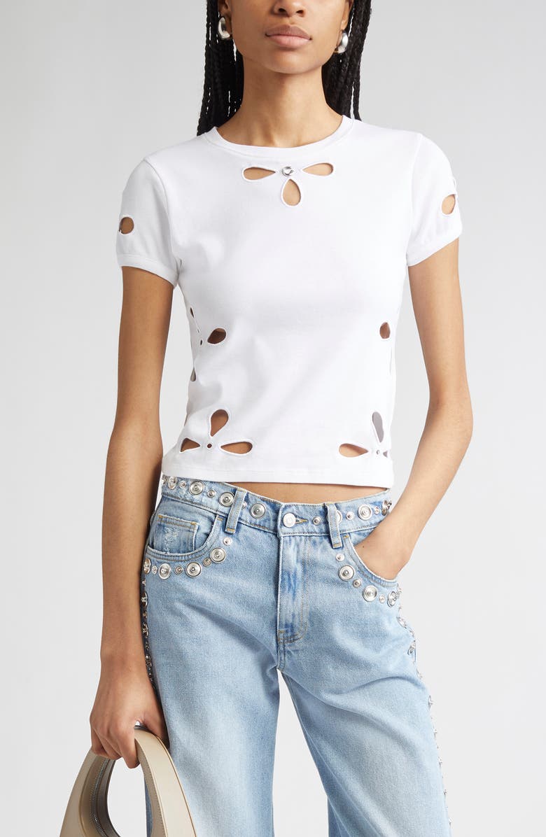 Coperni Petal Cutout Slim Fit Cotton T-Shirt, Main, color, White
