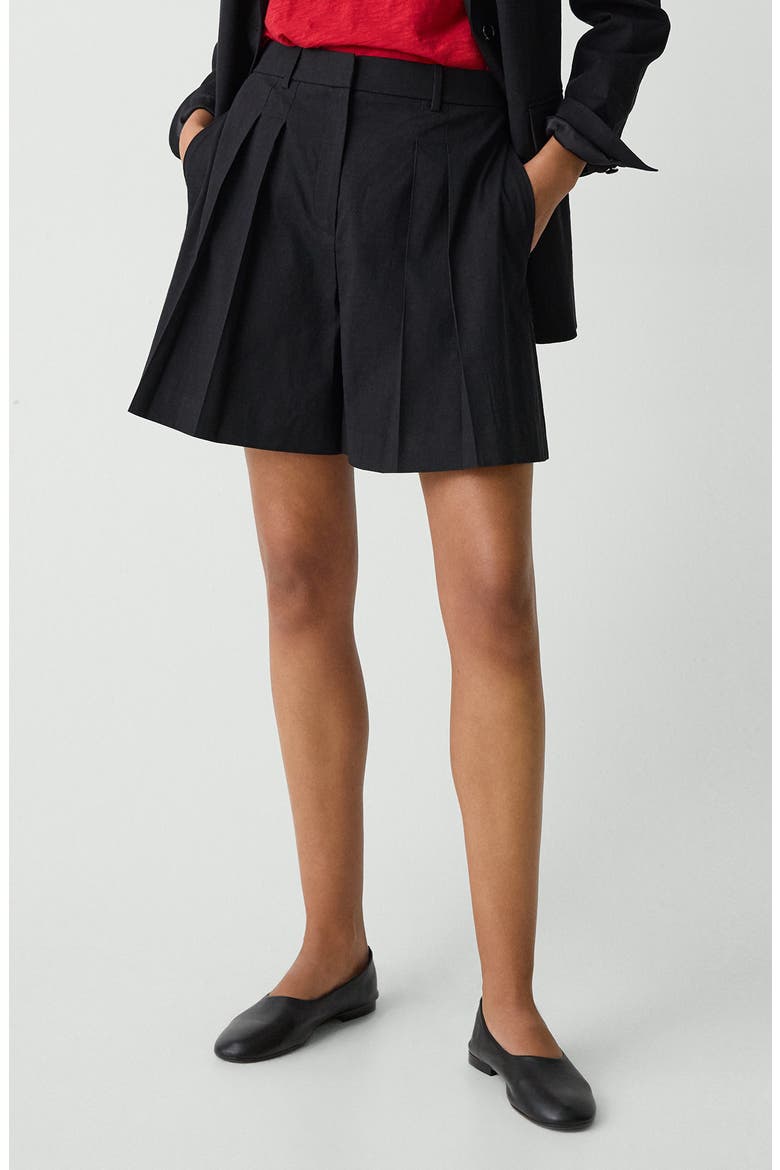 Pleated Linen Blend Shorts, Main, color, BLACK