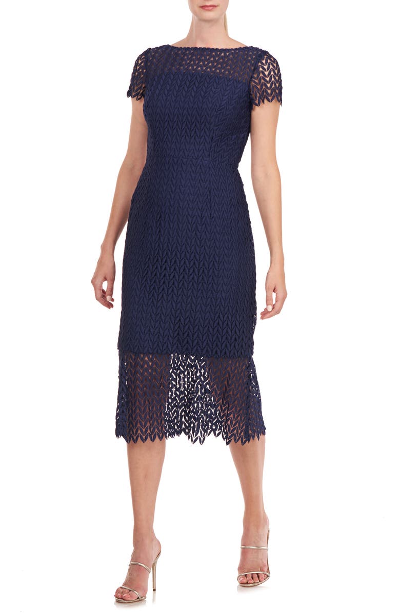 Kay Unger Tatum Floral Lace Midi Cocktail Dress, Main, color, Midnight