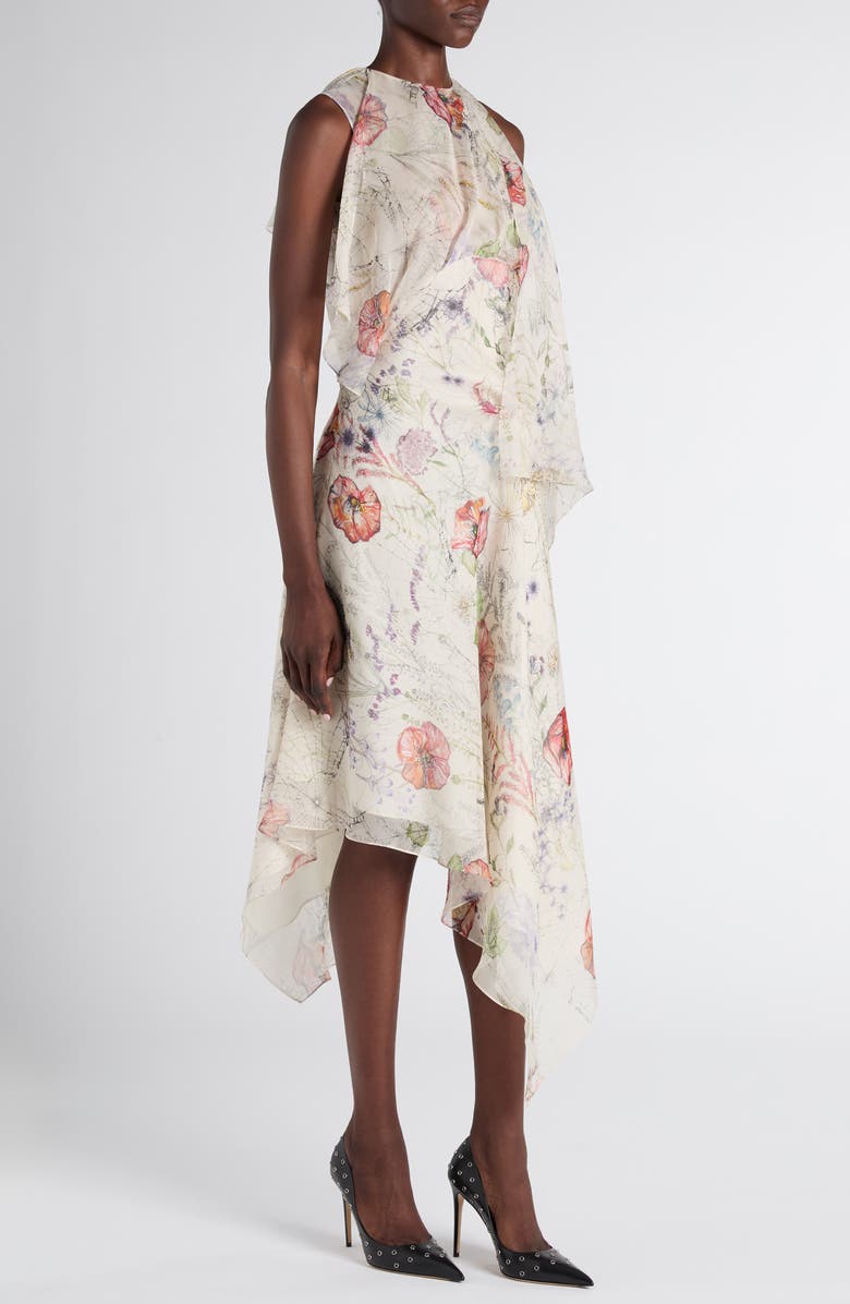 McQueen Meadow Floral Print Asymmetric Silk Chiffon Dress, Alternate, color, White