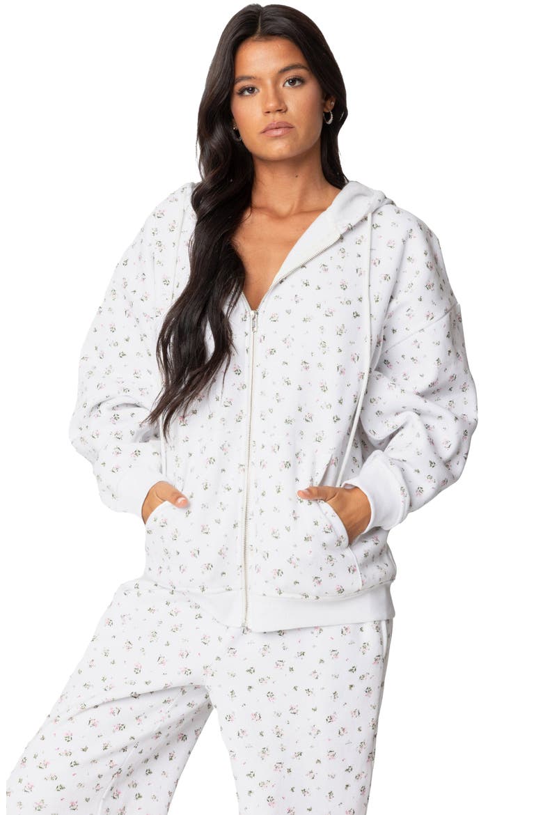 Bouquet Oversize Front Zip Cotton Blend Hoodie, Alternate, color, CREAM