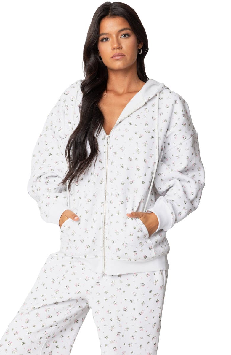 EDIKTED Bouquet Oversize Front Zip Cotton Blend Hoodie, Alternate, color, Cream