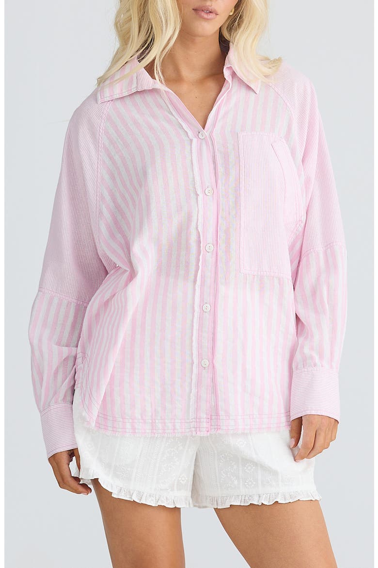 Yellowstone Oversize Stripe Raw Edge Cotton Button-Up Shirt, Main, color, PINK STRIPE