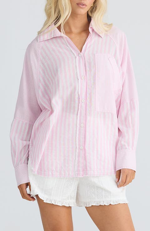 Yellowstone Oversize Stripe Raw Edge Cotton Button-Up Shirt
