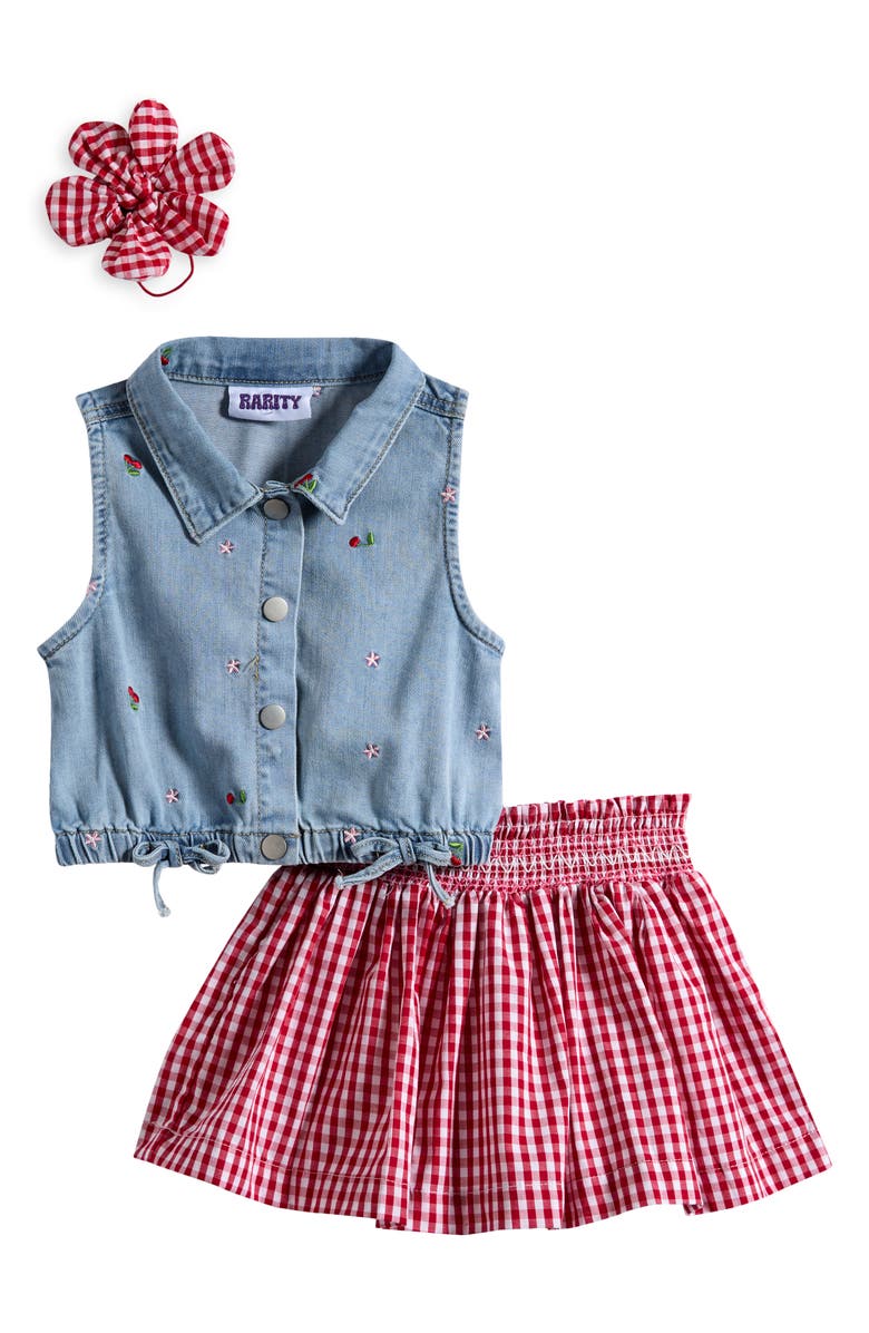 Rarity Kids' Embroidered Denim Vest, Skirt & Hair Tie, Main, color, Denim