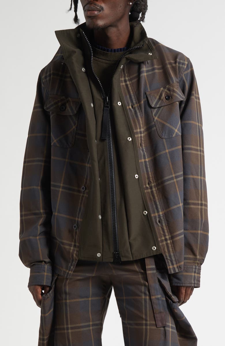 Sacai Plaid Shirt Jacket, Main, color, Brown/ Blue
