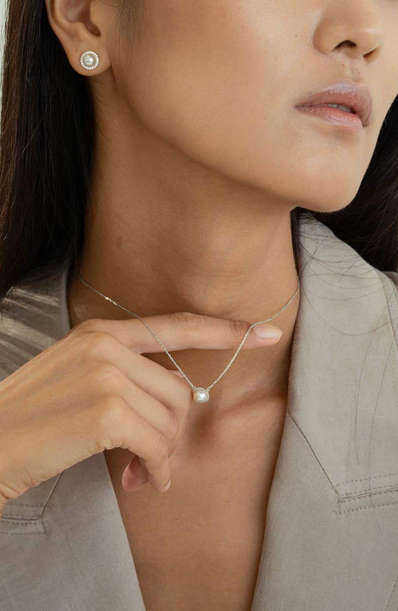 Bearfruit Jewelry Sterling Silver 18k Gold Plated Eleanor Single Cultured Pearl Necklace & Stud Earrings Set, Alternate, color, Silver