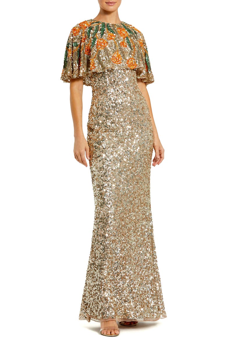 Mac Duggal Embellished Floral Beaded And Sequin Cape Gown, Main, color, Gold Multi