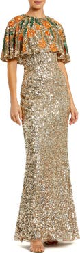 Mac Duggal Embellished Floral Beaded And Sequin Cape Gown