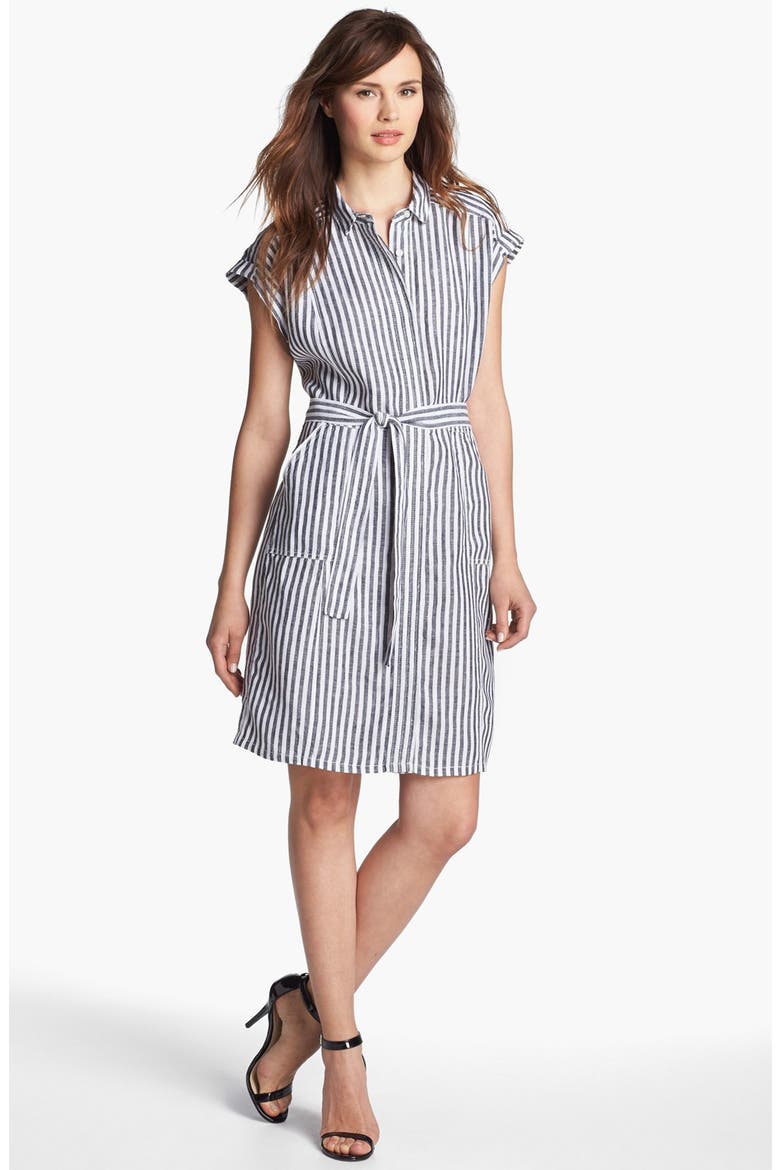 Tie Front Shirtdress, Main, color, WASHED WHITE/ BLACK STRIPE