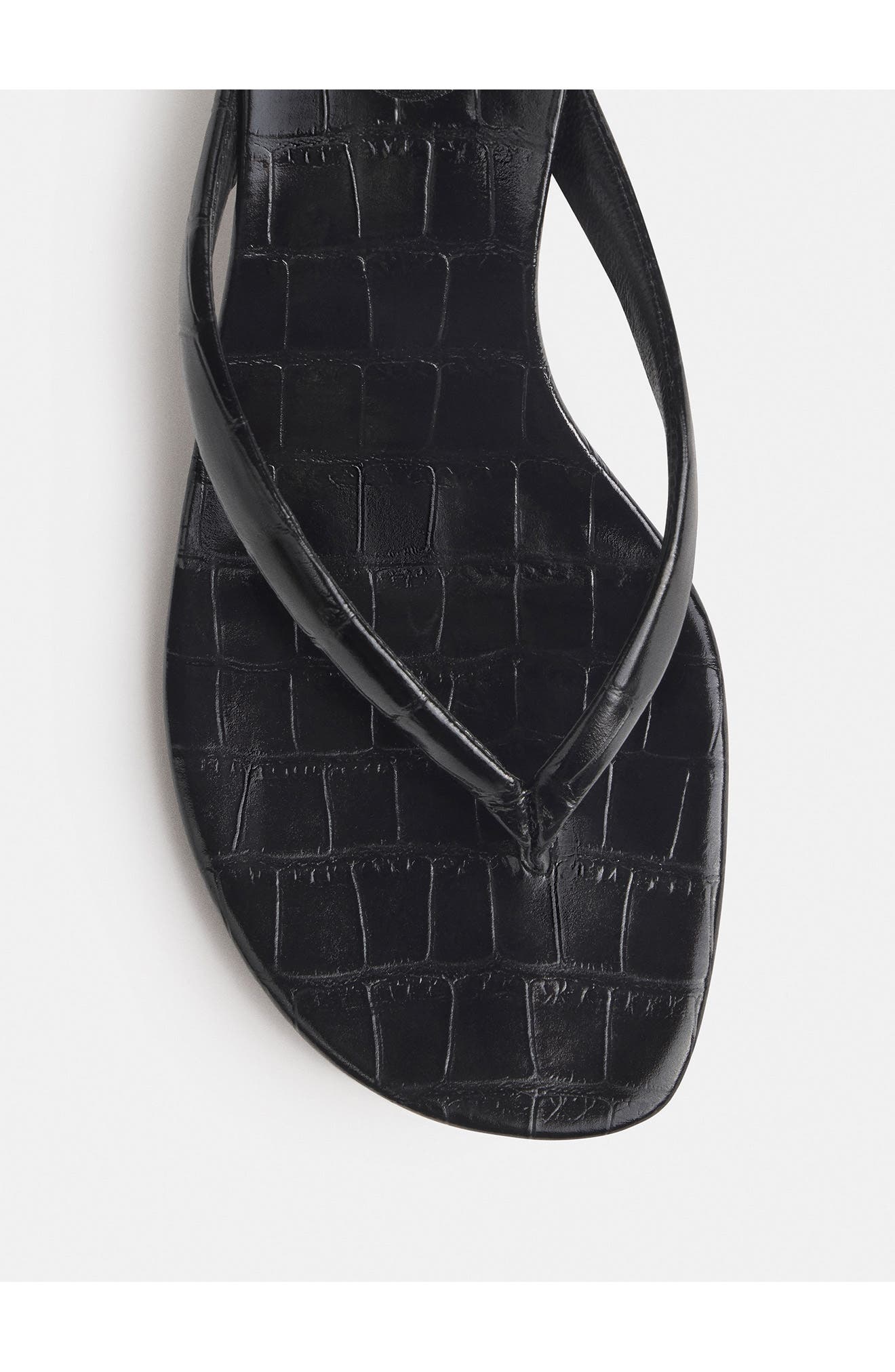 Amelia Croc Embossed Leather Heeled Thong Sandal, Alternate, color, BLACK CROC
