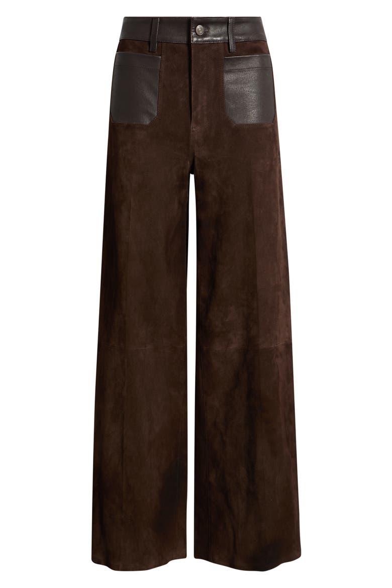 Slim Palazzo Suede Leather Pants, Main, color, DARK BROWN