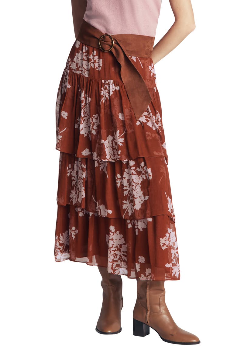 Floral Tiered Ruffle Midi Skirt, Main, color, ARABIAN SPICE, FLECKED BUNCH