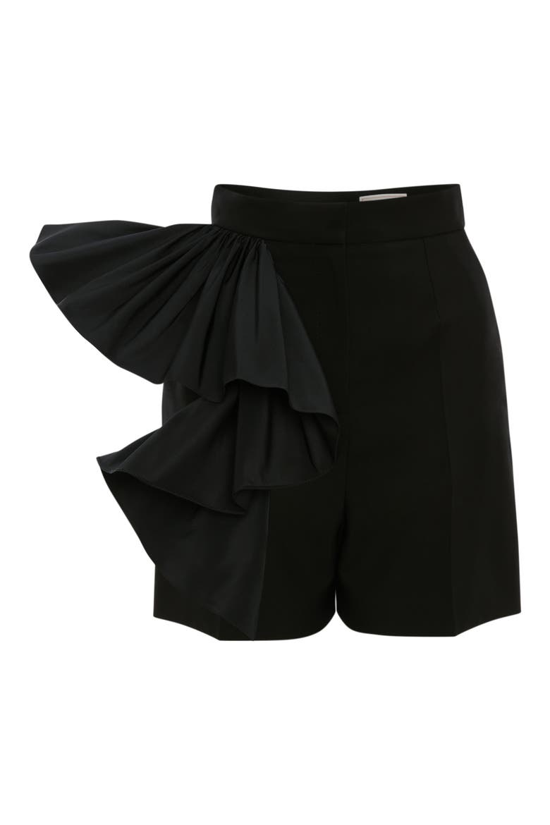 Alexander McQueen Side Ruffle Wool Shorts, Main, color, BLACK
