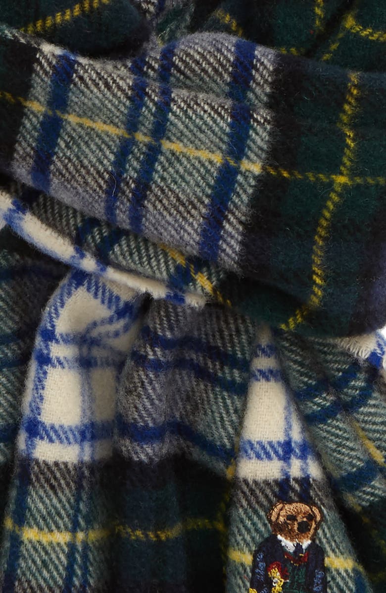 Polo Ralph Lauren Embroidered Bear Tartan Wool Scarf, Alternate, color, 
