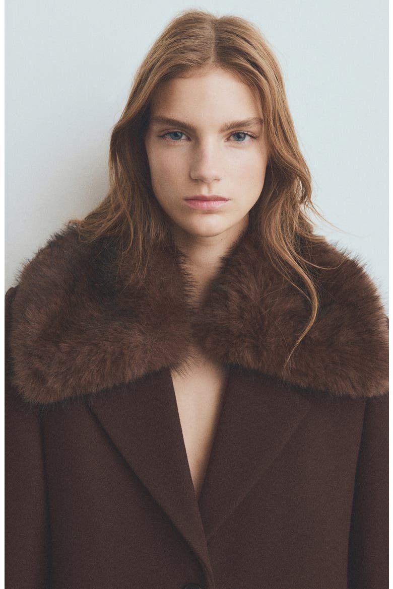 Lips Wool Blend Coat with Faux Fur Collar, Alternate, color, CHOCOLATE