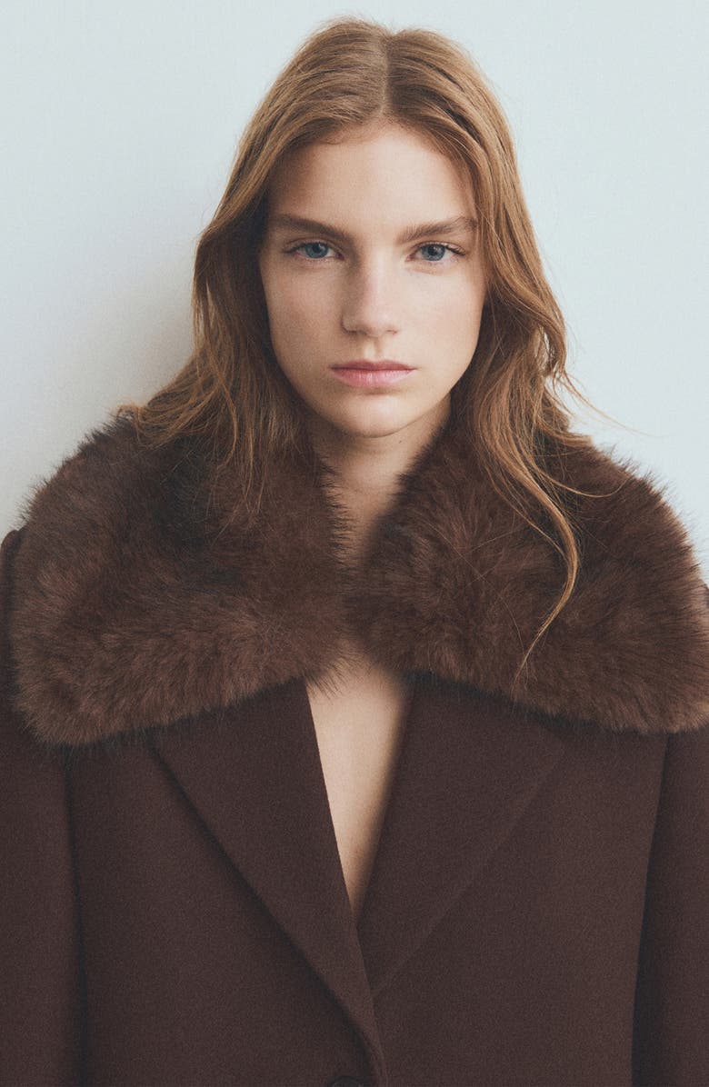 MANGO Lips Wool Blend Coat with Faux Fur Collar, Alternate, color, Chocolate