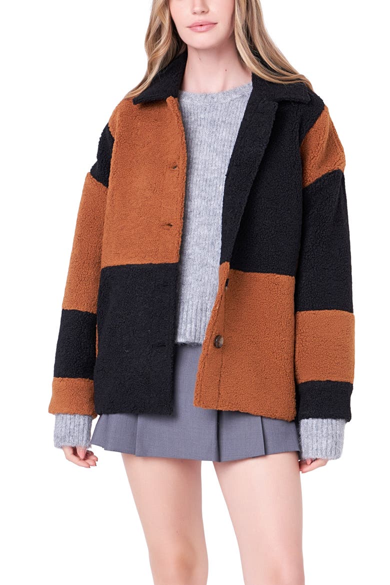Oversize Check Teddy Jacket, Alternate, color, BLACK/ CAMEL
