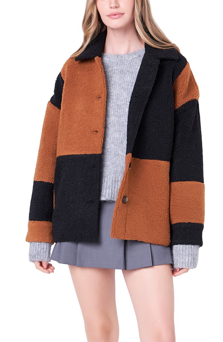 English Factory Oversize Check Teddy Jacket, Alternate, color, Black/ Camel
