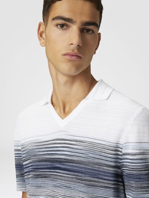 Missoni Honeycomb Cotton Knit Polo Shirt With Slub Detail In White & Blue