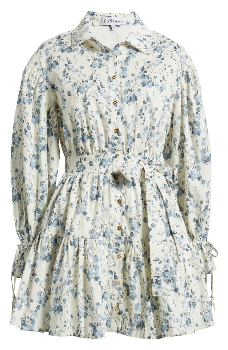 En Saison Bow Long Sleeve Tie Waist Cotton Shirtdress, Alternate, color, Ivory Blue Splatter Floral
