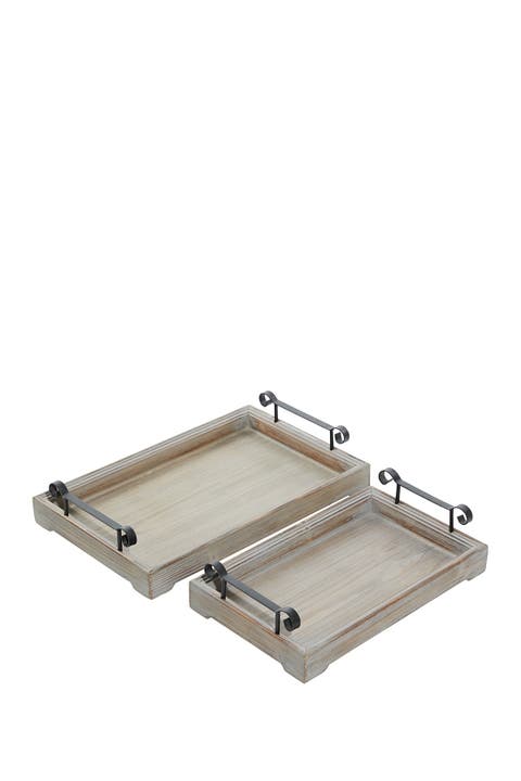 Beige Wood Tray with Metal Handles - Set of 2