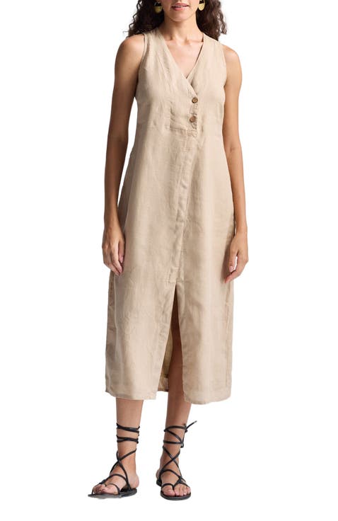 Straight Dress with Front Slit in Neutral Beige Hemp