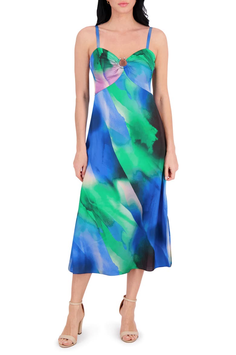 Charmeuse Midi Dress, Main, color, BLUE MULTI