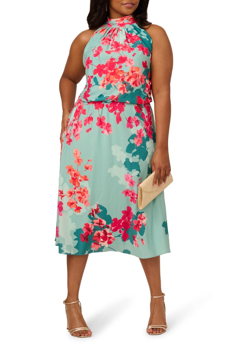 Adrianna Papell Floral Print Halter Neck Midi Dress, Main, color, 