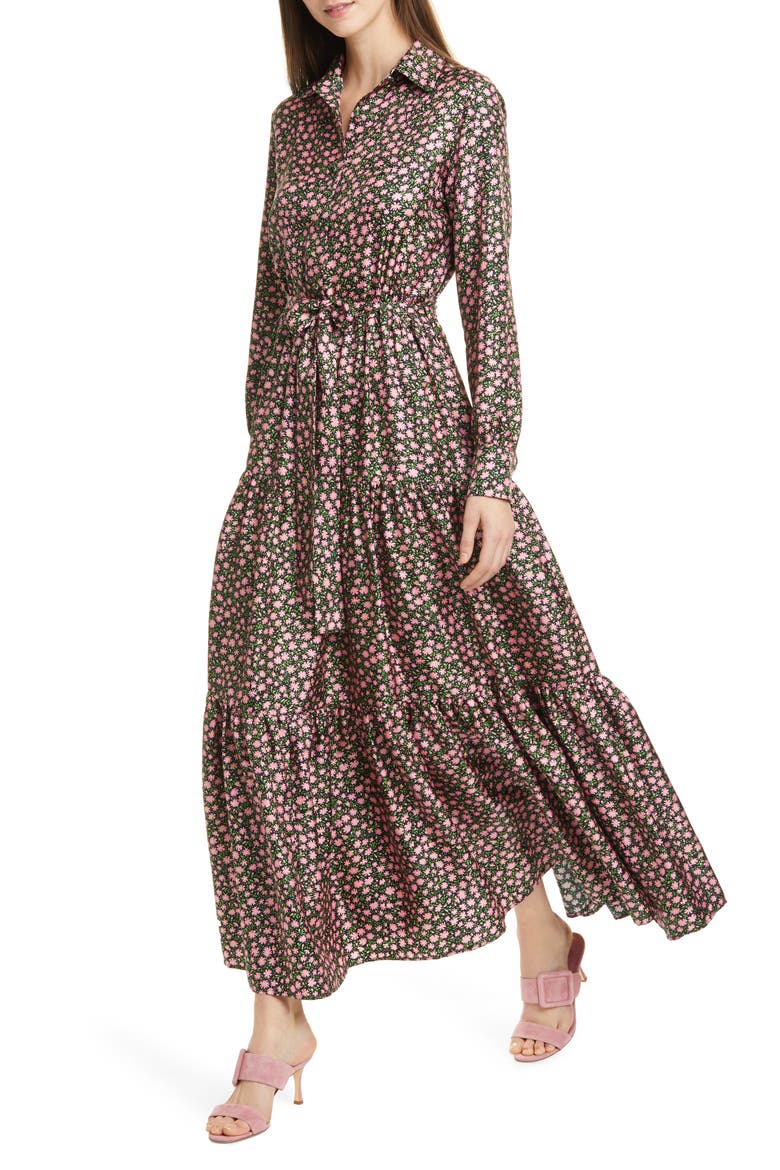LaDouble J Bellini Floral Print Silk Twill Long Sleeve Maxi Shirtdress, Main, color, DAISY