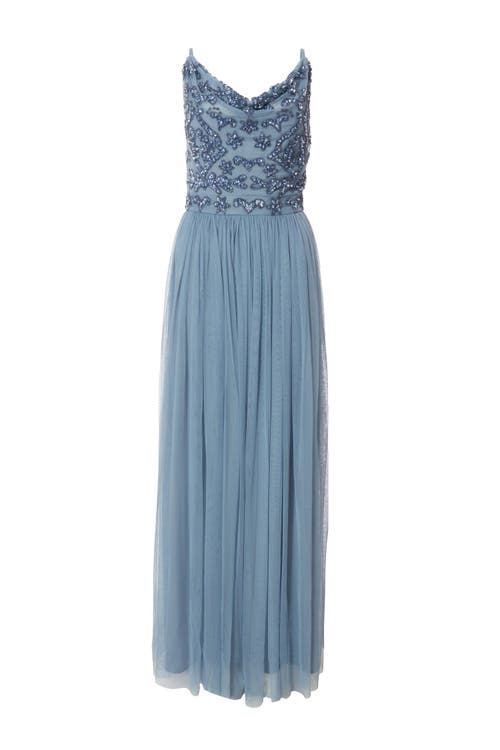 Quiz Cowl Neck Mesh Skirt Maxi Dress In Blue