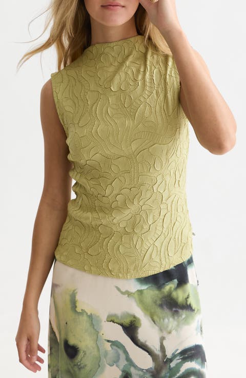 Floral Jacquard Sleeveless Funnel Neck Top