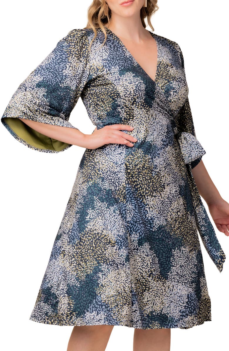 Kiyonna Gemini Floral Bell Sleeve Wrap Dress, Alternate, color, Blue Multi